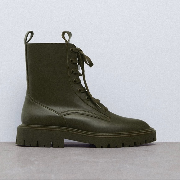 Zara Shoes - Zara green LEATHER LACE-UP FLAT
ANKLE BOOTS